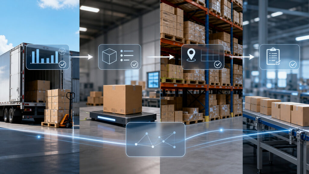 Editorial business scene illustrating inventory management software data flow