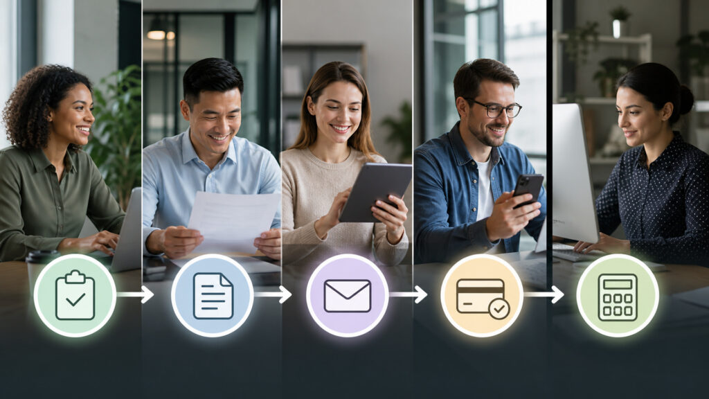 Editorial business scene illustrating invoicing software data flow