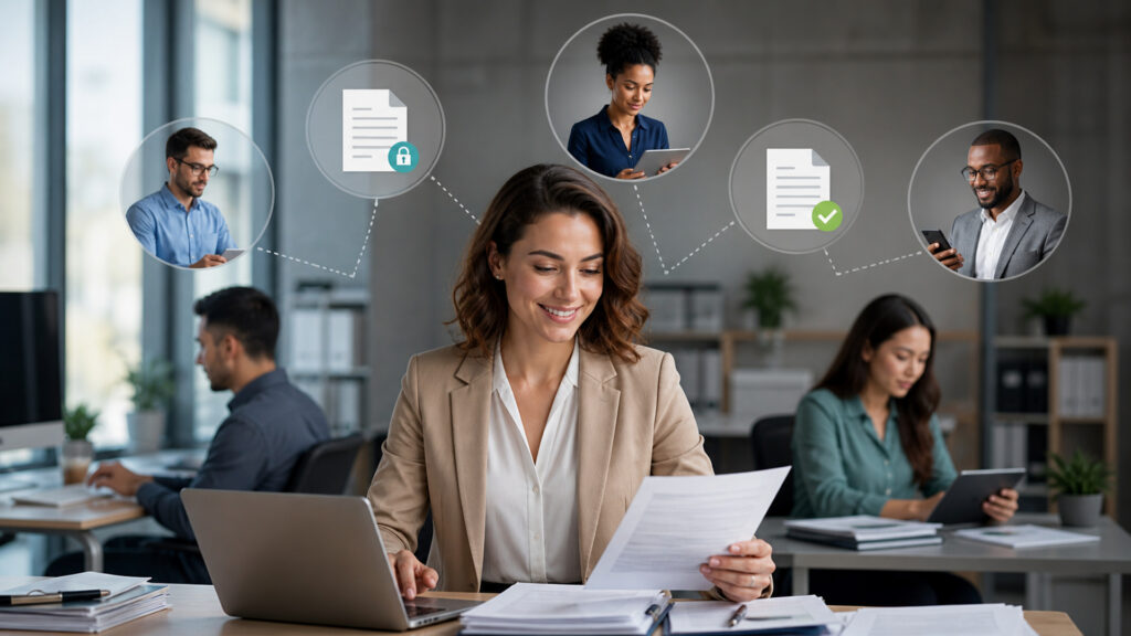 Editorial business scene illustrating invoicing software permission structure