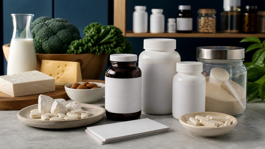 People-free editorial still life illustrating ingredient-specific support within broader bone and joint care
