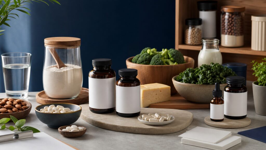 People-free editorial still life illustrating ingredient form total dose diet kidney stone medicine absorption movement endpoint and duration