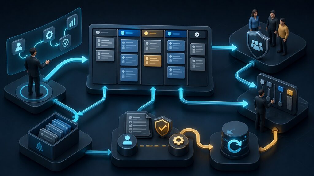 Editorial business scene illustrating kanban project management software operating model