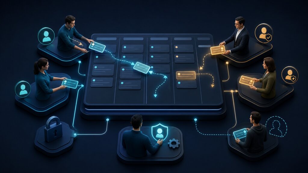 Editorial business scene illustrating kanban project management software permission structure