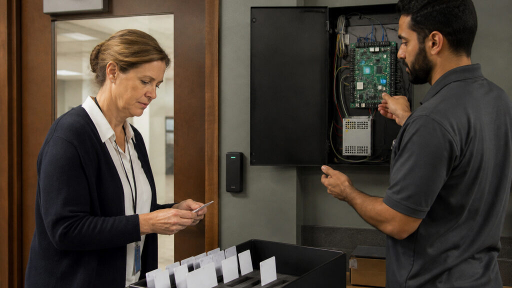 Editorial business scene illustrating keycard access systems operating model