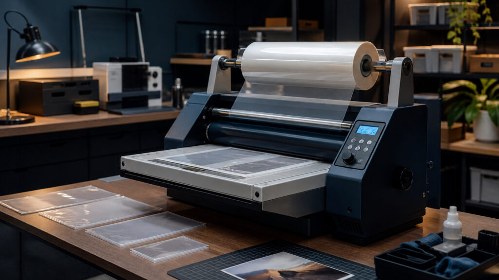 Editorial business scene illustrating laminating machines operating model