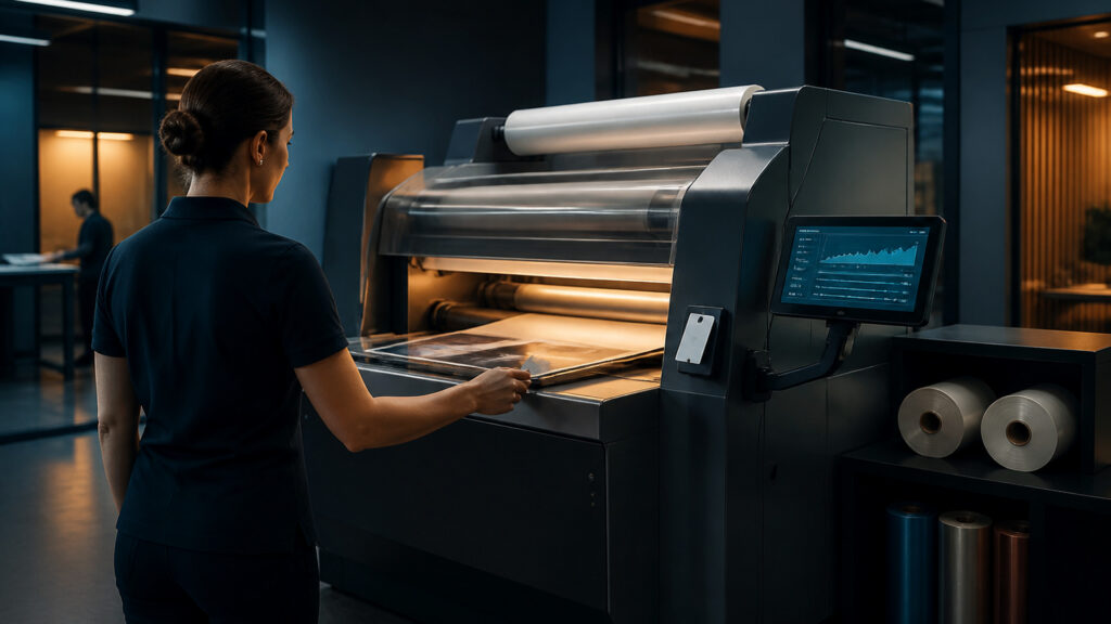 Editorial business scene illustrating laminating machines permission structure