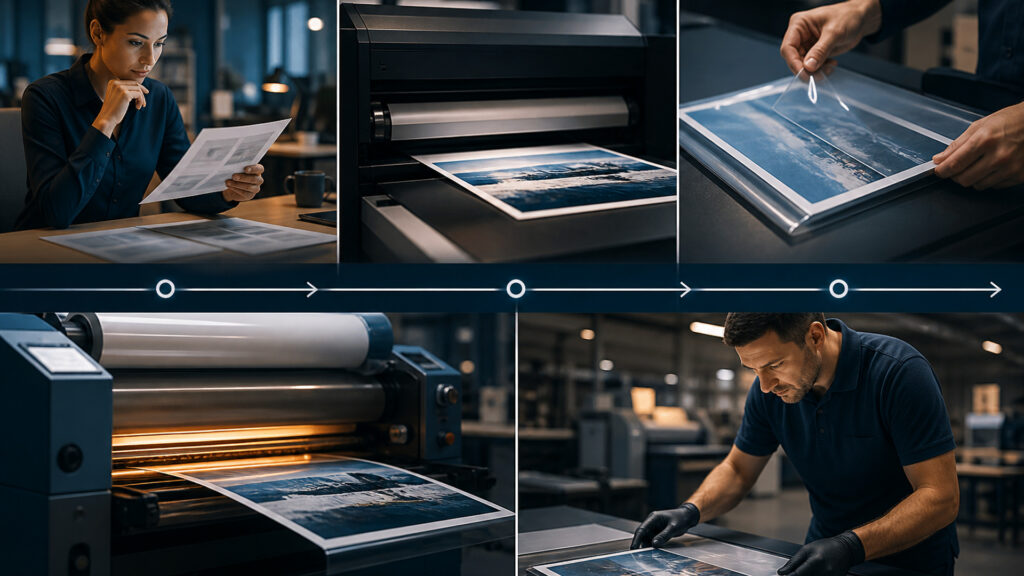 Editorial business scene illustrating laminating machines workflow role
