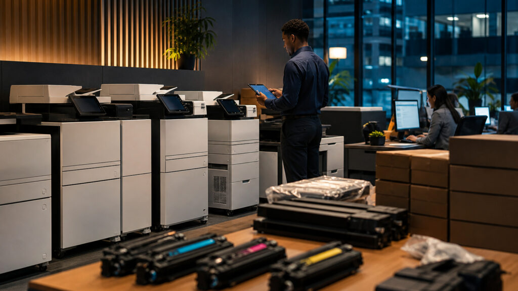 Editorial business scene illustrating laser office printers operating model