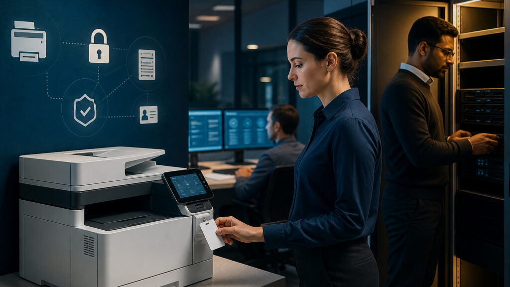 Editorial business scene illustrating laser office printers permission structure