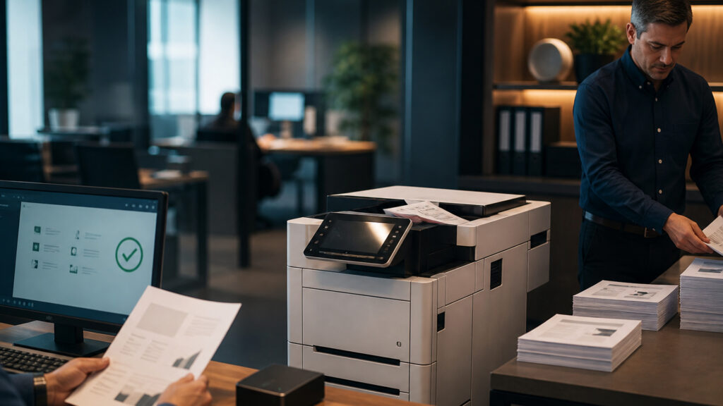 Editorial business scene illustrating laser office printers workflow role
