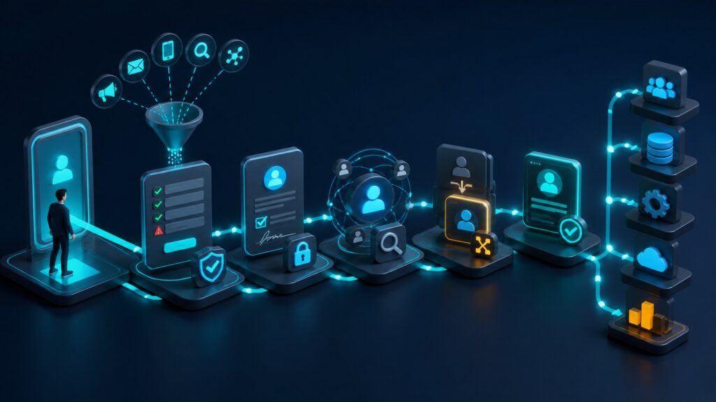 Editorial business scene illustrating lead capture software data flow