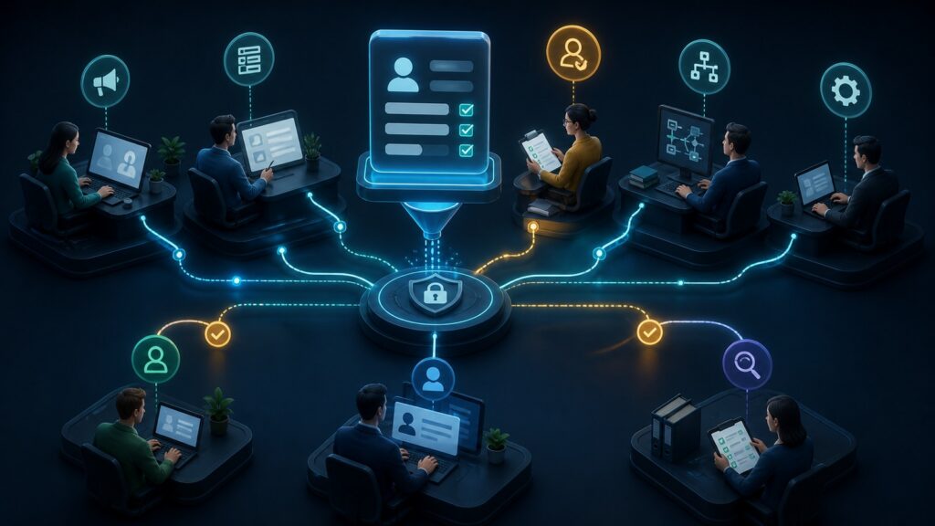 Editorial business scene illustrating lead capture software permission structure