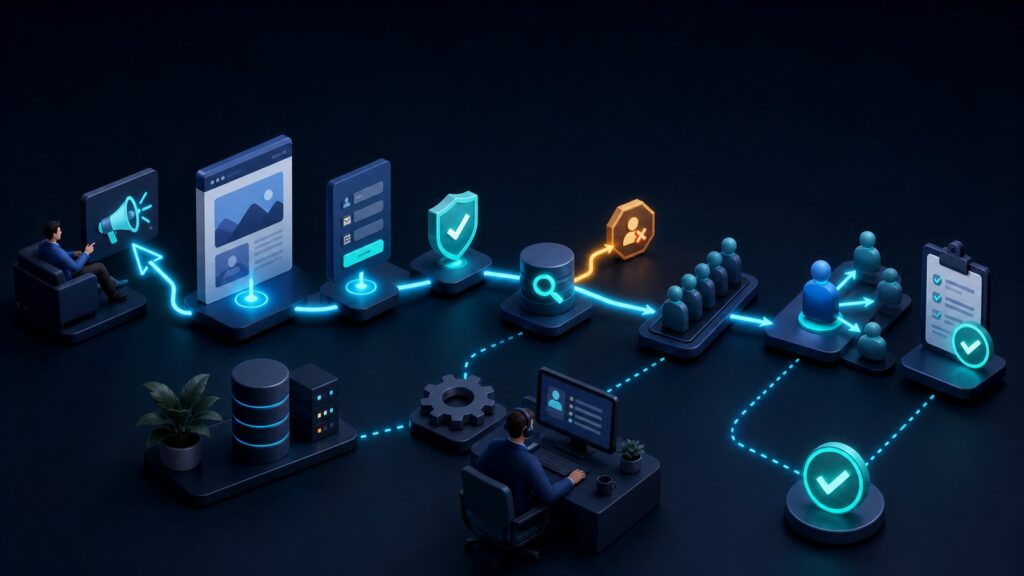 Editorial business scene illustrating lead capture software workflow role