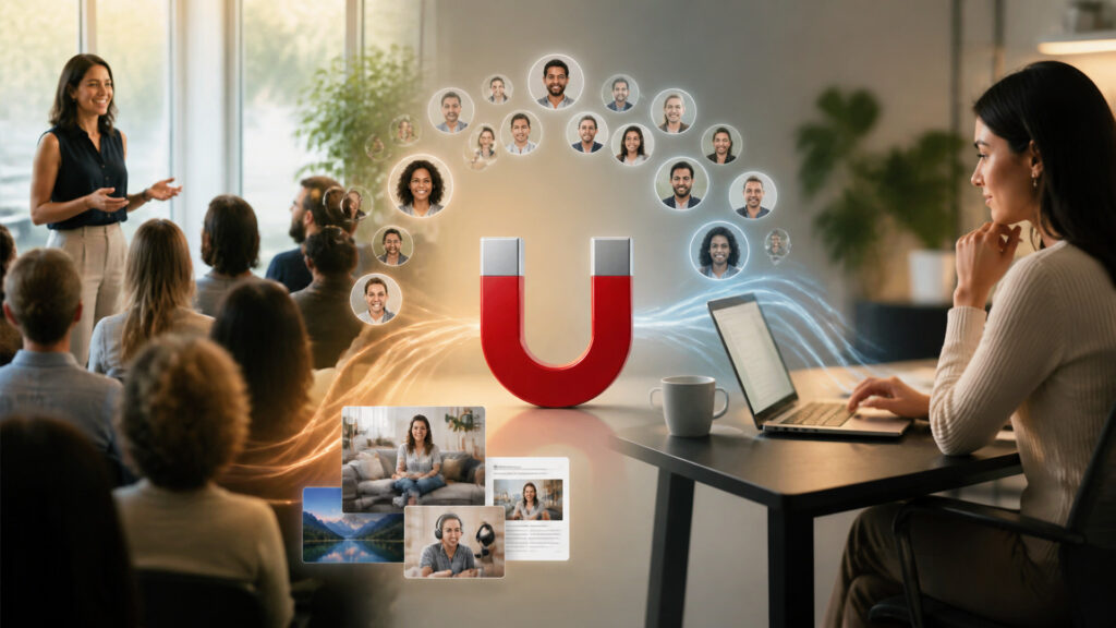 Editorial business scene illustrating lead generation