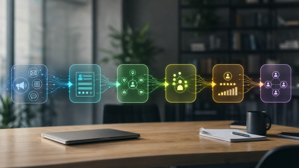 Editorial business scene illustrating lead generation software data flow