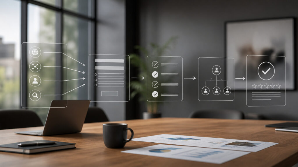 Editorial business scene illustrating lead generation software operating model