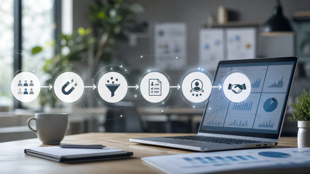 Editorial business scene illustrating lead generation software workflow role