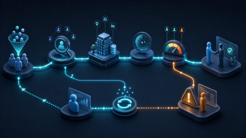 Editorial business scene illustrating lead intelligence platforms workflow role