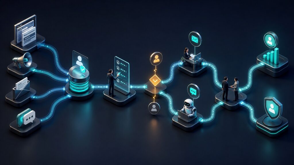 Editorial business scene illustrating lead management software data flow