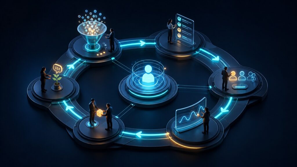 Editorial business scene illustrating lead management software operating model