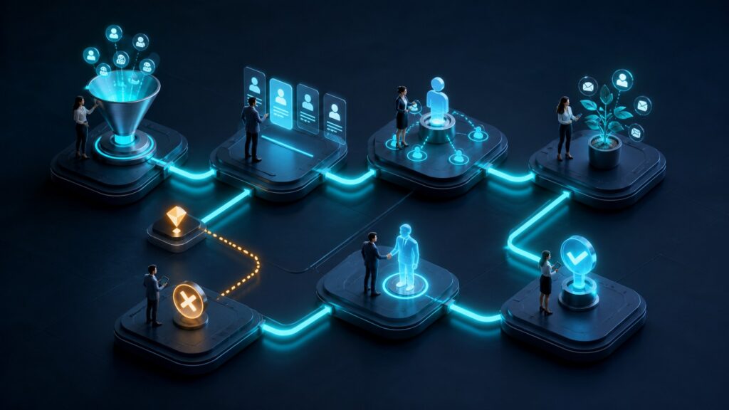 Editorial business scene illustrating lead management software workflow role