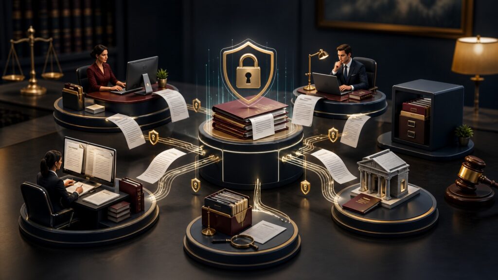 Editorial business scene illustrating legal document management software data flow