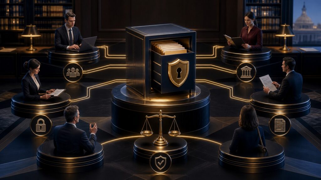 Editorial business scene illustrating legal document management software operating model