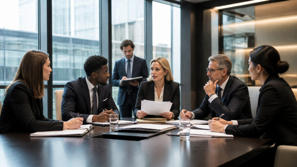 Editorial business scene illustrating legal document management software permission structure