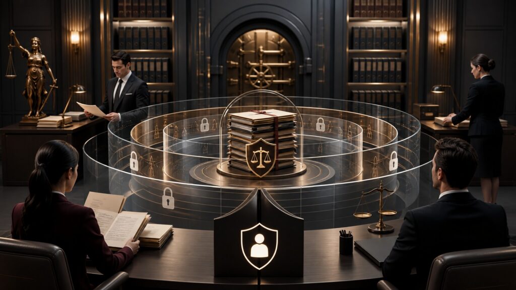Editorial business scene illustrating legal document management software permission structure