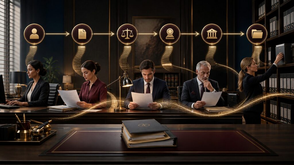Editorial business scene illustrating legal document management software workflow role