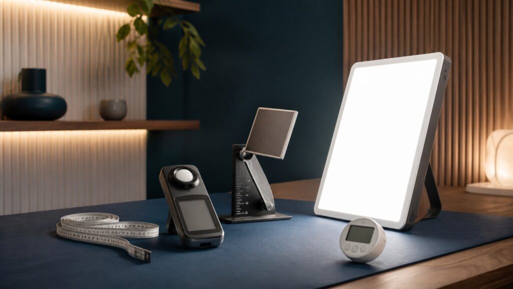 People-free editorial still life illustrating illuminance spectrum angle distance and duration