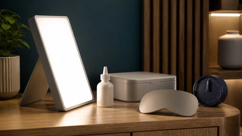 People-free editorial still life illustrating eye medication glare mood and sleep-timing safety