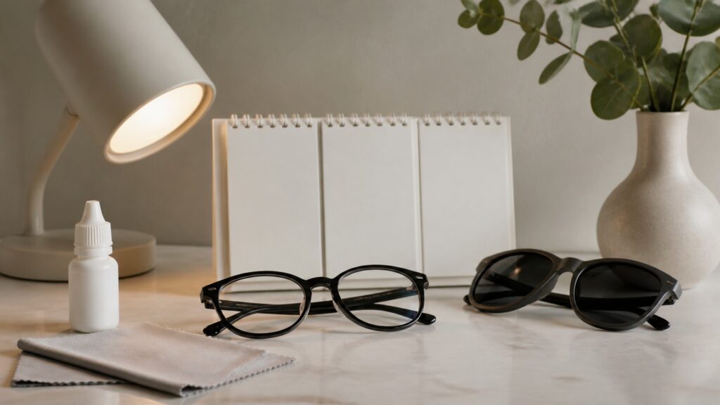 People-free editorial still life illustrating long-term eye health