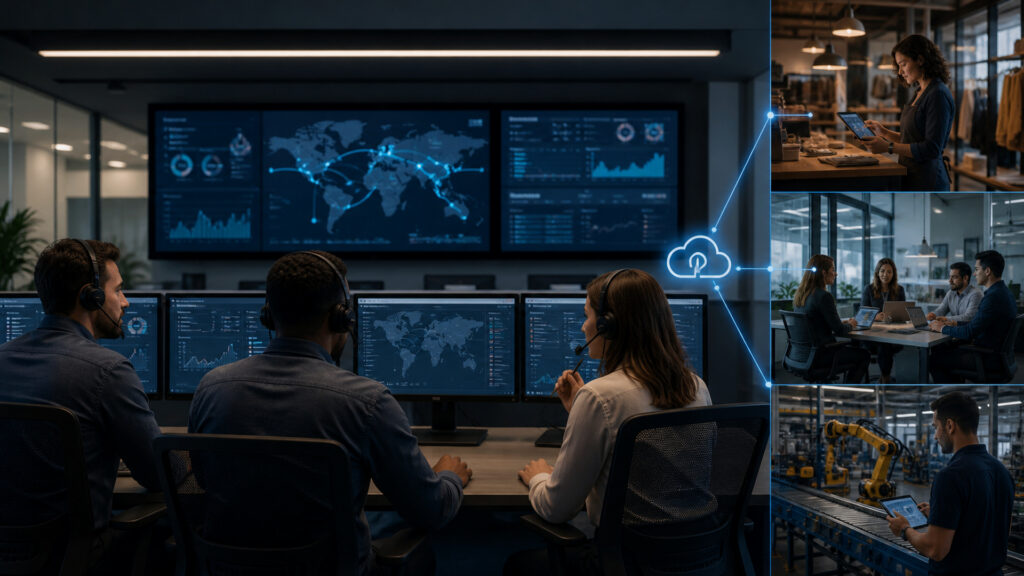 Editorial business scene illustrating managed networking