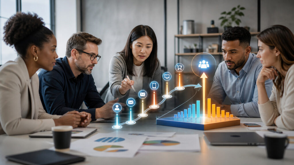 Editorial business scene illustrating marketing attribution