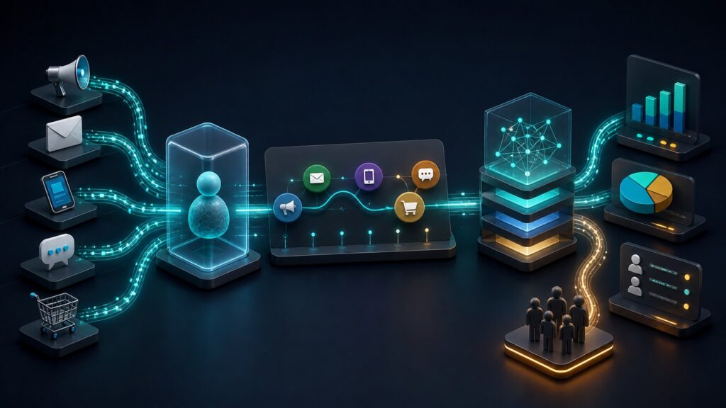 Editorial business scene illustrating marketing attribution software data flow