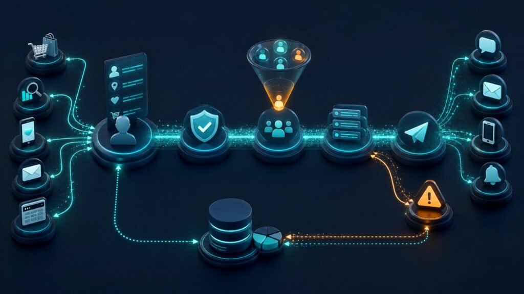 Editorial business scene illustrating marketing automation platforms data flow