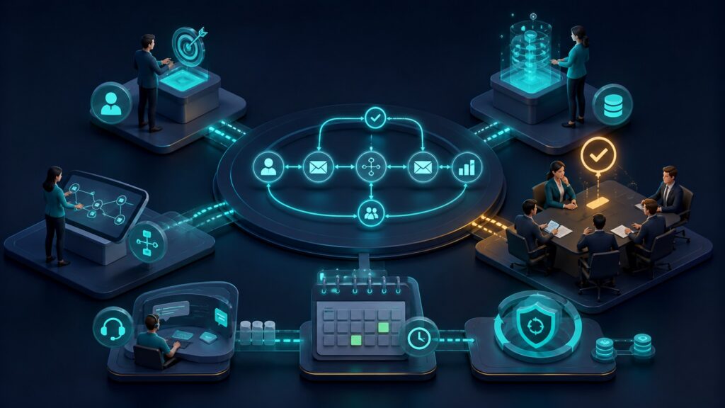 Editorial business scene illustrating marketing automation platforms operating model