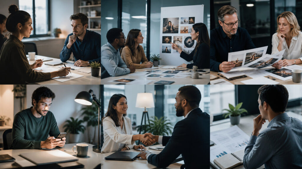 Editorial business scene illustrating marketing services workflow role