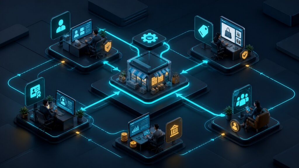Editorial business scene illustrating marketplace integration platforms permission structure