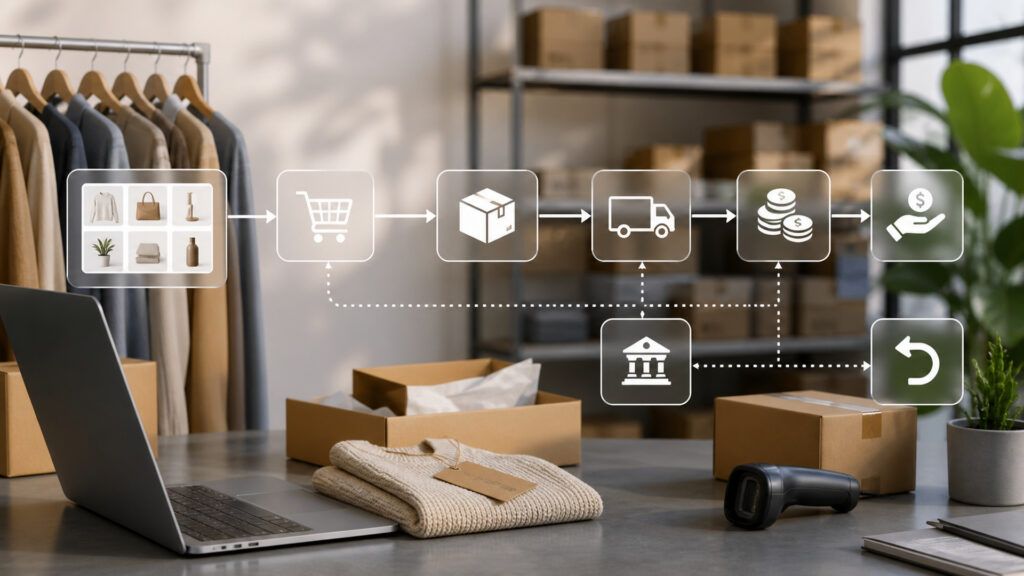 Editorial business scene illustrating marketplace selling platforms data flow