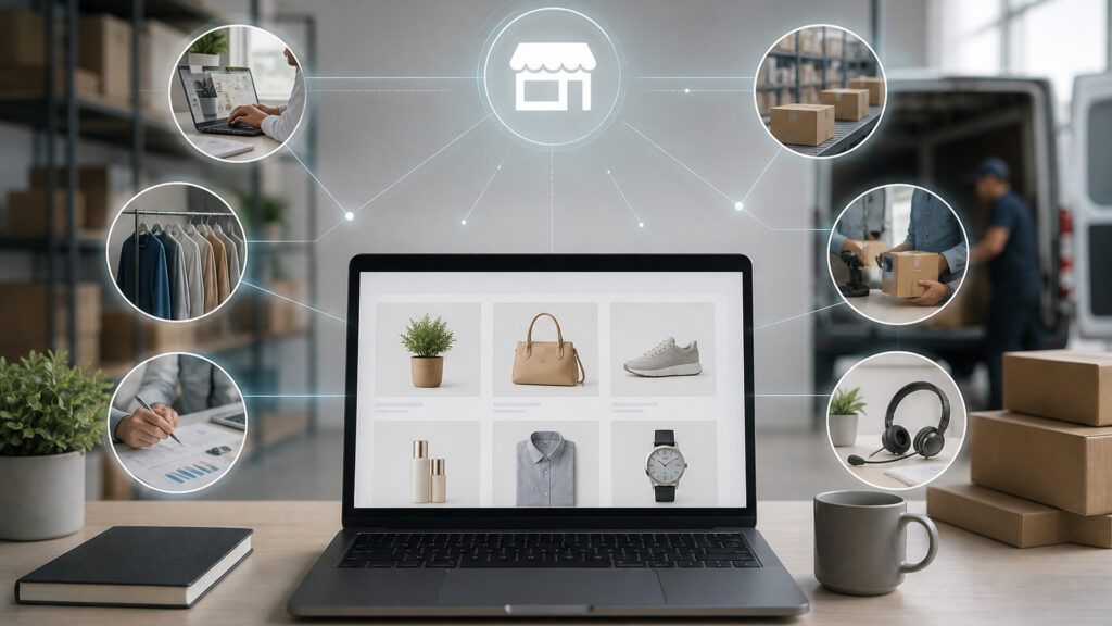 Editorial business scene illustrating marketplace selling platforms permission structure