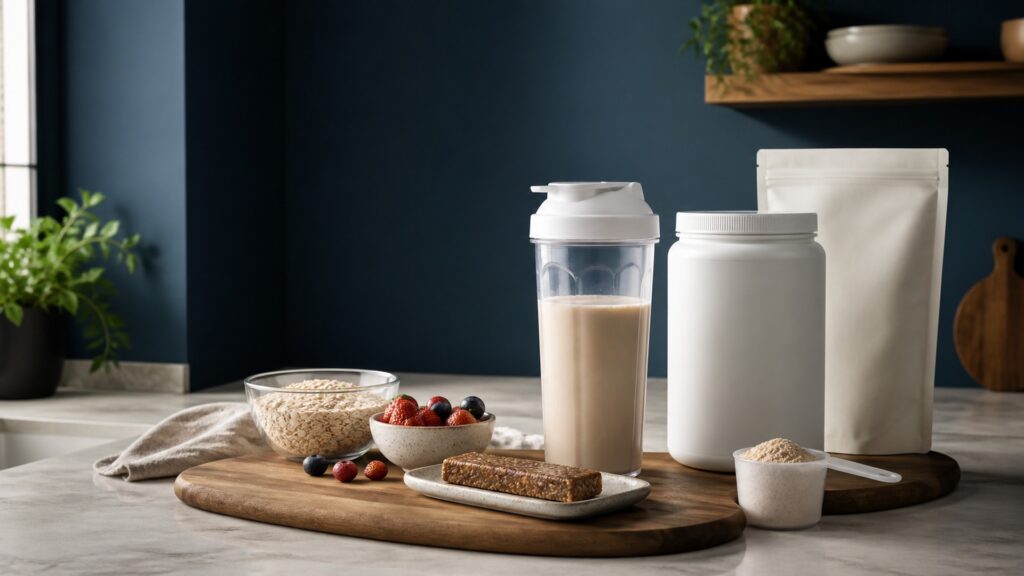 People-free editorial still life illustrating structured nutrient delivery in place of a meal