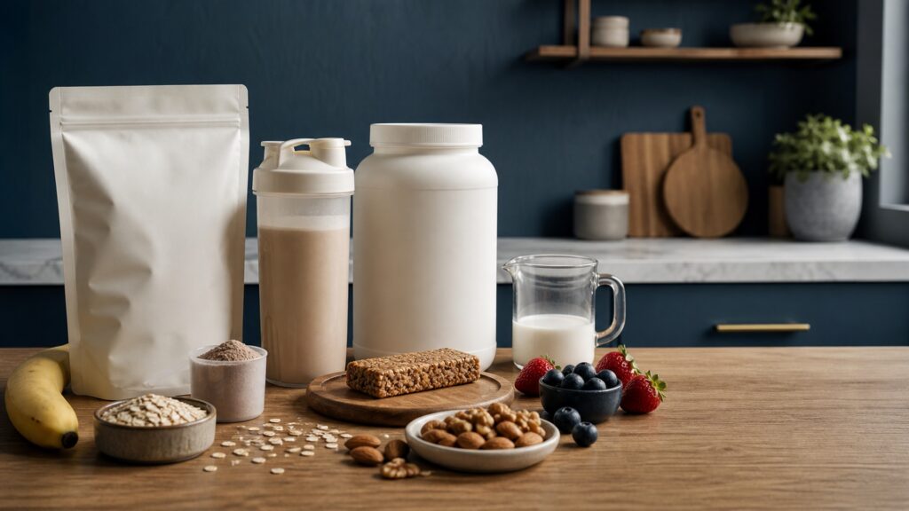 People-free editorial still life illustrating energy protein fiber micronutrients frequency and total diet