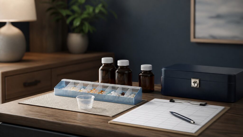 People-free editorial still life illustrating carrying out a medication regimen accurately