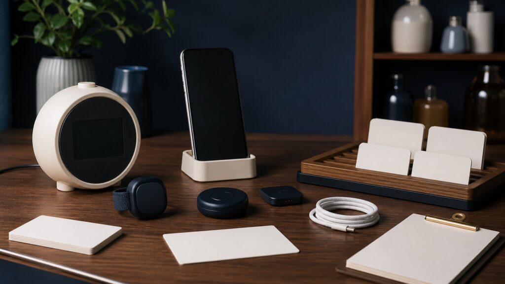People-free editorial still life illustrating review schedule check clock power connection volume test prompt verify medicine acknowledge log recharge update and review