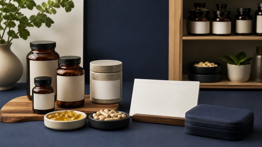 People-free editorial still life illustrating goal ingredient amount diet symptom fertility hormone medicine cardiovascular and follow-up context