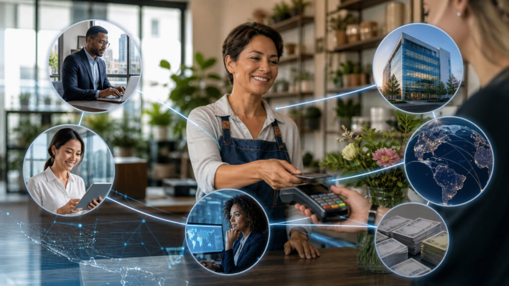 Editorial business scene illustrating merchant accounts