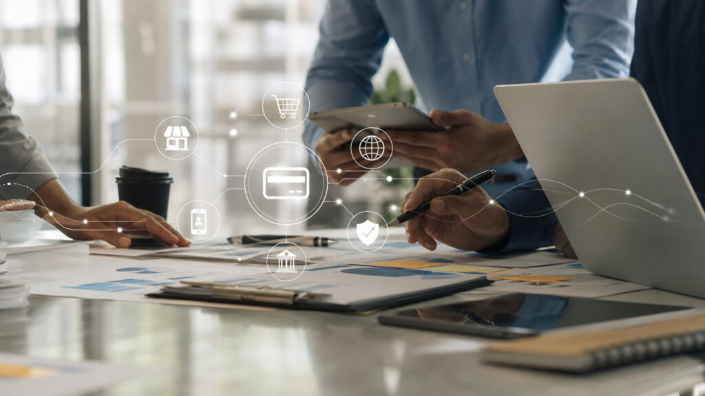 Editorial business scene illustrating merchant services operating model