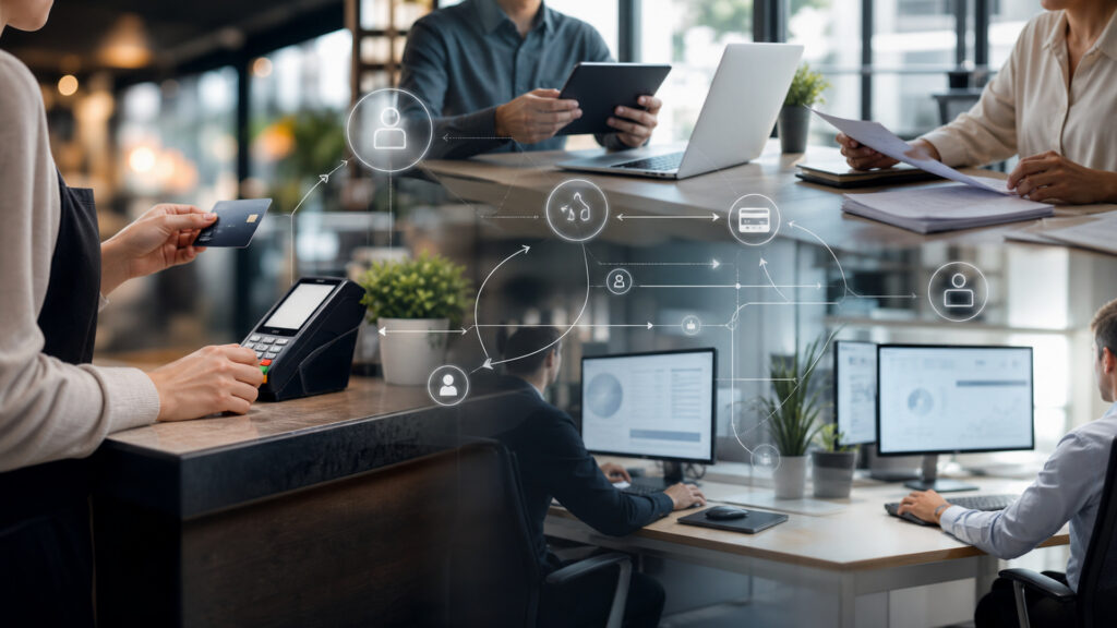 Editorial business scene illustrating merchant services permission structure